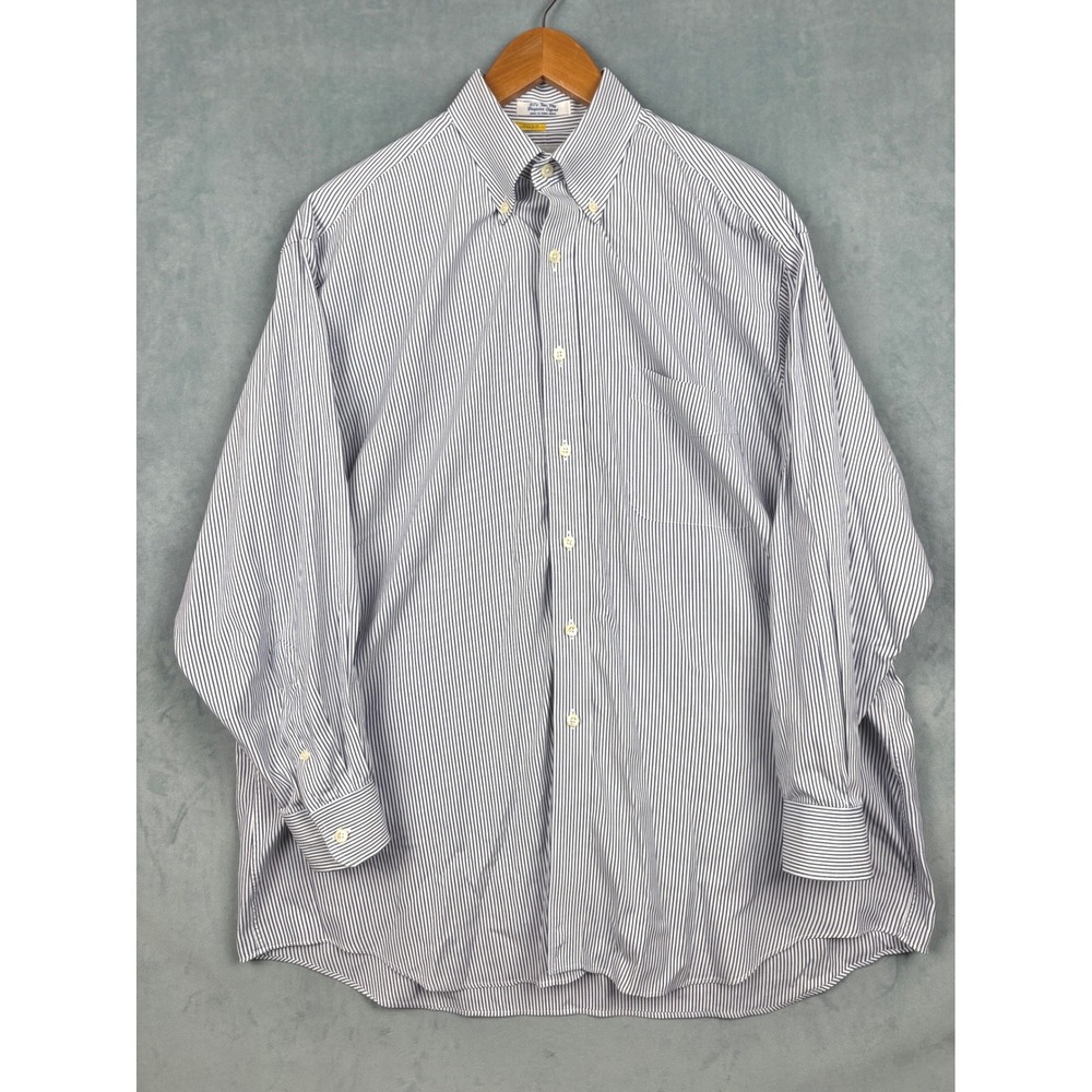 Paul Fredrick Mens 17-32 Blue White Striped Pinpoint Oxford Button Down Shirt